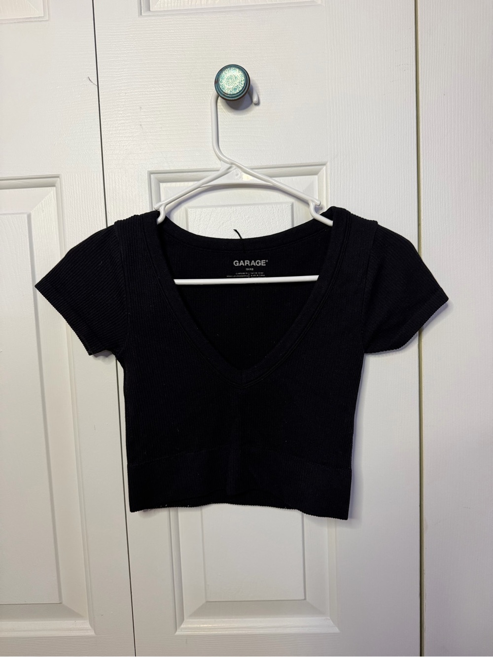 Garage Black V-Neck Ribbed Short Sleeve Crop Top